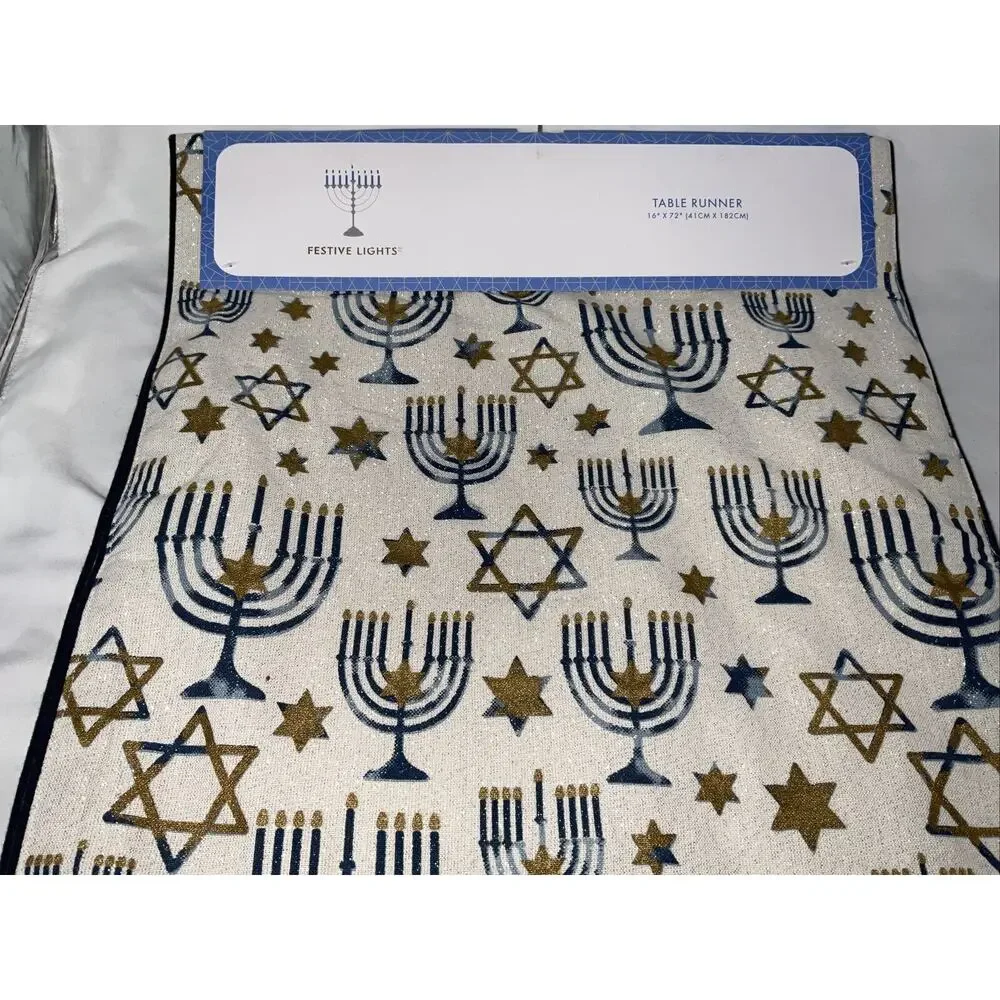 NEW HANUKKAH TABLE RUNNER 16x72” STAR OF DAVID MENORAH GOLD BLUE METALLIC